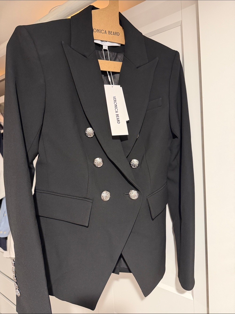 Veronica Beard Black Double-Breasted Tailored Blazer with Decorative Buttons